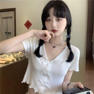 Short-sleeve V-neck Bow Crop Top
