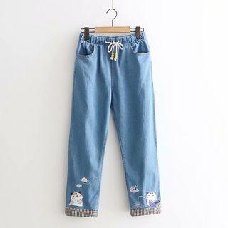 Embroidered Cat Straight Fit Jeans