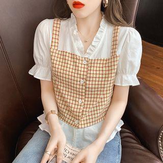 Mock Two-piece Short-sleeve Frill Trim Check Blouse