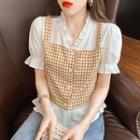 Mock Two-piece Short-sleeve Frill Trim Check Blouse