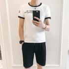 Set: Short-sleeve Contrast Trim Letter T-shirt + Shorts