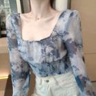 Long-sleeve Printed Chiffon Crop Top As Shown In Figure - One Size