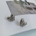 Rhinestone Heart Ear Stud 1 Pair - S925silver Earrings - Love Heart - Silver - One Size