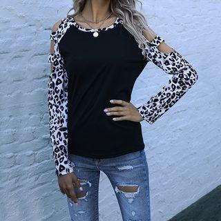 Long-sleeve Leopard Print Panel Cold-shoulder Top