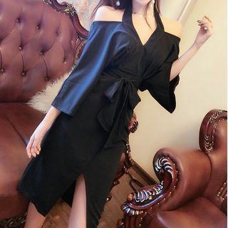 Cutaway-shoulder Tie-waist Dress