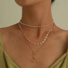 Set : Faux Pearl Choker + Butterfly Alloy Necklace + Bow Pendant Alloy Necklace