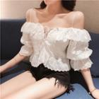 Bell-sleeve Cold-shoulder Eyelet Blouse White - One Size