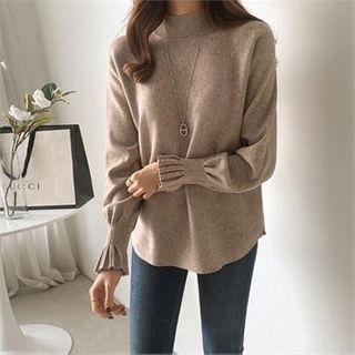 Mock-neck Pintuck-sleeve Knit Top