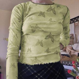 Long Sleeve Butterfly Print Lettuce Trim Top