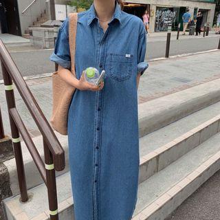 Elbow-sleeve Maxi Denim Shirt Dress Denim Blue - One Size