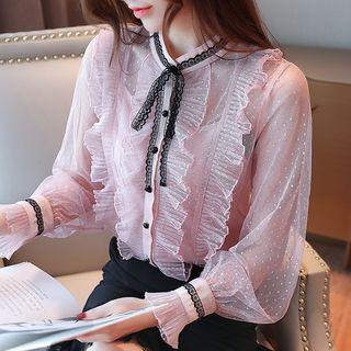 Long-sleeve Ruffled Lace-panel Mesh Top