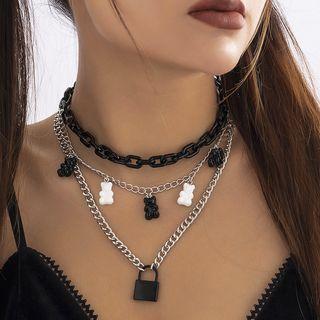 Bear Pendant Layered Necklace 3513 - Silver - One Size