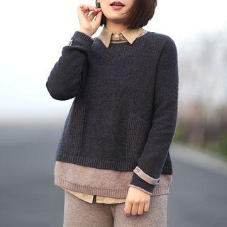 Color Panel Sweater Grayish Blue & Khaki - One Size