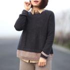 Color Panel Sweater Grayish Blue & Khaki - One Size