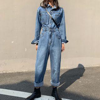 Long-sleeve Cargo Slim Denim Jumpsuit Blue - One Size