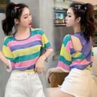 Cut-out Striped Elbow-sleeve T-shirt