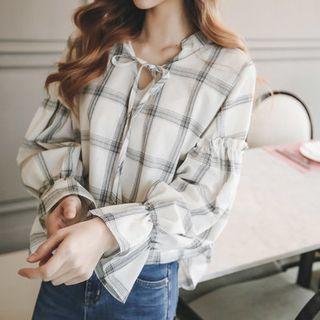 Tie-neck Balloon-sleeve Check Top