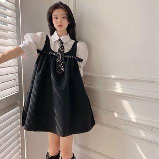 Puff-sleeve Plain Shirt With Tie / Rhinestone Jumper Dress