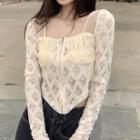 Long-sleeve Zip-up Lace Crop Top Off-white - One Size