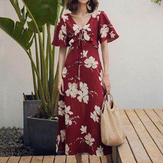 Short Sleeve Scallop Trim Panel Floral A-line Dress