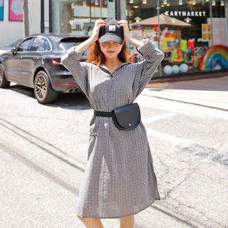 Hooded Buttoned-neck Gingham Dress Black - One Size