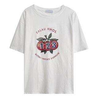 Elbow-sleeve Orange Print T-shirt White - One Size