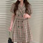 Short-sleeve Plaid Double-breasted Mini Shirtdress As Shown In Figure - One Size
