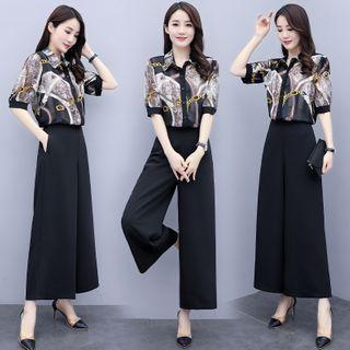 Set: Print Short-sleeve Shirt + Wide Leg Pants