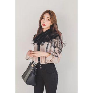 Tie-front Lace-panel Blouse