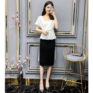 Set: V-neck Short-sleeve Top + High Waist Pencil Skirt