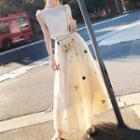 Set: Fringe Trim Sleeveless Top + Floral Maxi Skirt