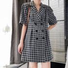 Elbow-sleeve Plaid Mini A-line Blazer Dress