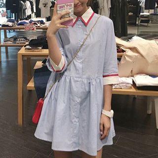 Elbow-sleeve Contrast-trim Mini A-line Shirtdress