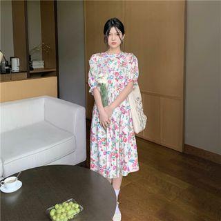 Puff-sleeve Floral Print Midi A-line Dress White & Pink - One Size