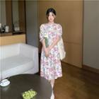 Puff-sleeve Floral Print Midi A-line Dress White & Pink - One Size
