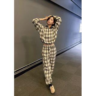 Plaid Anorak Pullover & Jogger Pants Set Gray - One Size