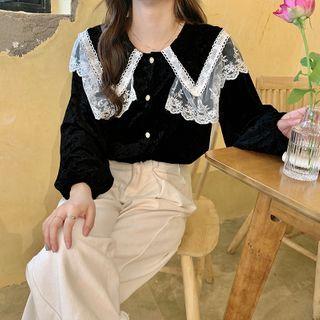 Lace Panel Velvet Long Sleeve Shirt