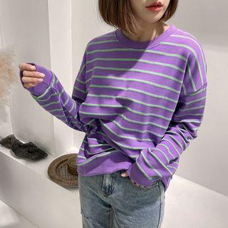 Drop-shoulder Stripe Sweatshirt Purple - One Size