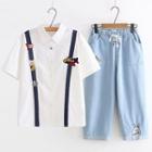 Embroidered Short-sleeve Shirt / Cropped Jeans / Set