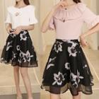 Set: Ruffle Trim Short-sleeve Chiffon Top + Floral Print A-line Skirt