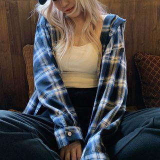 Hooded Plaid Jacket Blue - One Size