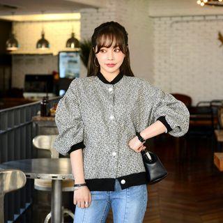Faux-pearl Button Tweed Bomber Jacket