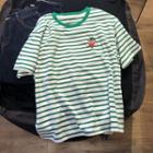 Short-sleeve Striped Strawberry Embroidered T-shirt Green - One Size