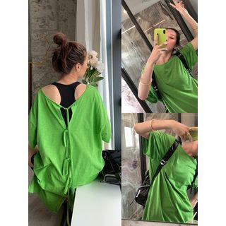 Open Back Crew-neck Elbow-sleeve T-shirt