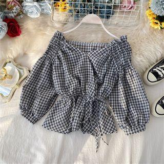V-neck Plaid Puff-sleeve Top
