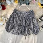 V-neck Plaid Puff-sleeve Top