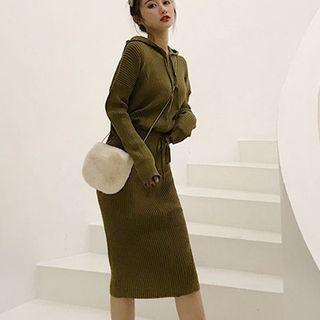 Set: Hooded Sweater + Straight-fit Knit Skirt