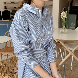 Tie-back Striped Long Shirtdress Blue - One Size