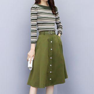 Set: Striped Knit Top + Midi A-line Skirt