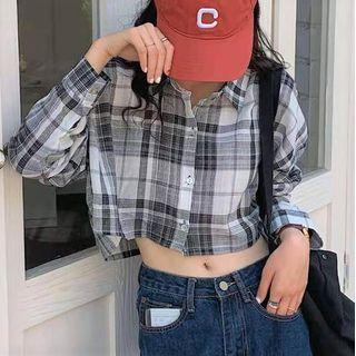 Cropped Plaid Shirt Black & White - One Size